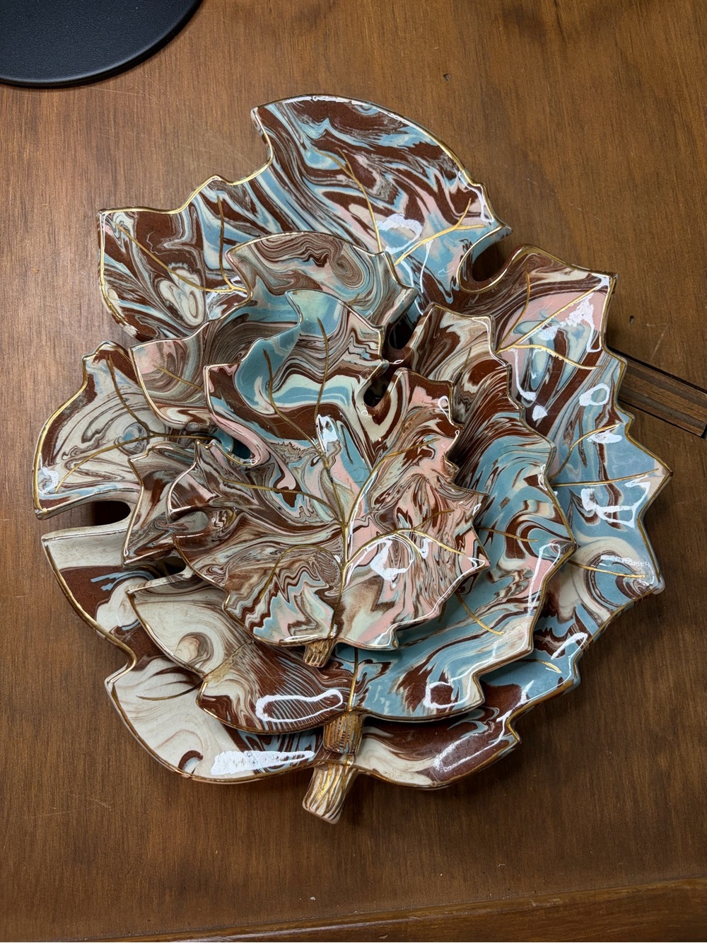 Marbleized Swirl-Glazed Leaf-Shaped Set of 3 Nesting Dishes REPAIRED Vintage